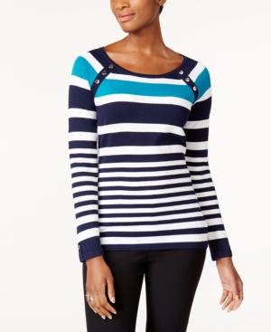 Karen Scott Petite Striped Button-shoulder Sweater, Created For Macy's