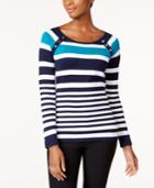 Karen Scott Petite Striped Button-shoulder Sweater, Created For Macy's