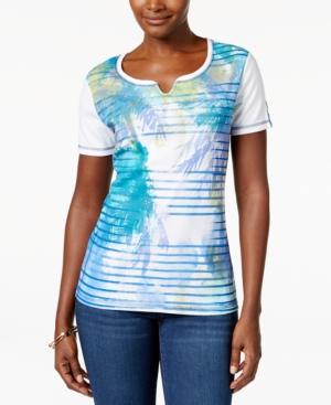 Karen Scott Striped Palm-print Tee, Only At Macy's