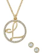 Charter Club Gold-tone Crystal Initial Pendant Necklace And Stud Earring Boxed
