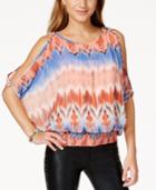Bcx Juniors' Printed Slit-sleeve Smocked-waist Top With Necklace