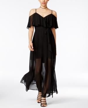 B Darlin Juniors' Ruffled Cold-shoulder Illusion Maxi Dress