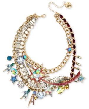 Betsey Johnson Gold-tone Multi-stone Woven Burgundy Velvet Ribbon Statement Necklace