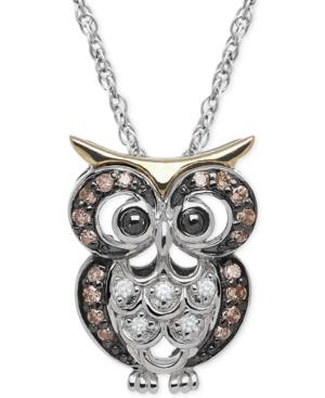 White And Chocolate Diamond Accent Owl Pendant Necklace In Sterling Silver And 14k Gold