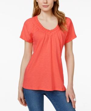 Jm Collection Petite Short-sleeve V-neck Crochet-trim Top, Only At Macy's