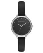 Bcbg Maxazria Ladies Black Leather Strap Watch With Black Dial And Silver Case, 34mm