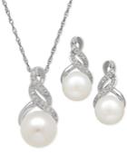 Cultured Freshwater Pearl (8 & 9mm) And Diamond Accent Pendant Necklace And Earrings Set In Sterling Silver