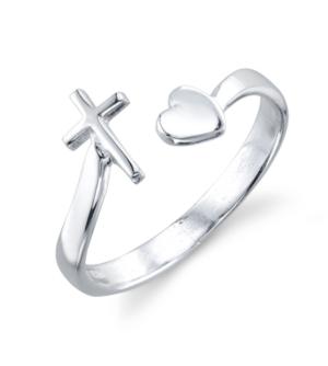 Unwritten Cross And Heart Adjustable Ring In Sterling Silver