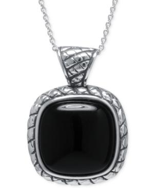 Black Agate Square Pendant Necklace In Sterling Silver