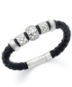 Men's Stainless Steel Bracelet, Bead And Braided Black Leather Bracelet
