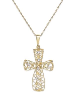 Two-tone Filigree Cross Pendant Necklace In 14k Gold