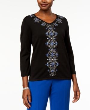 Alfred Dunner High Roller Embellished V-neck Sweater