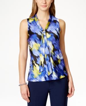 Kasper Satin Watercolor Tie-neck Blouse