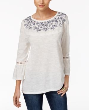 Style & Co Petite Embroidered Bell-sleeve Top, Created For Macy's