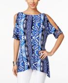 Cable & Gauge Printed Cold-shoulder Grommet-trim Top