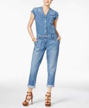 Guess Cotton Denim Logo Jumpsuit