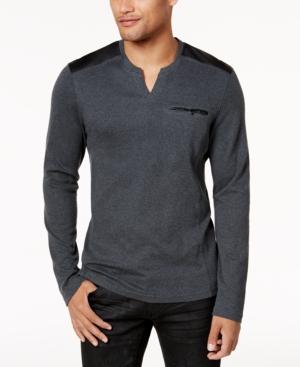 Inc International Concepts Men's Split-neck Shirt With Faux Leather Piecing, Created For Macy's