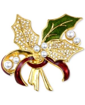 Holiday Lane Gold-tone Pave & Imitation Pearl Holly Brooch, Created For Macy's