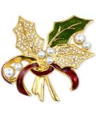 Holiday Lane Gold-tone Pave & Imitation Pearl Holly Brooch, Created For Macy's