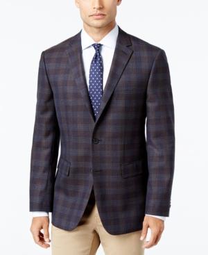 Vince Camuto Men's Slim-fit Brown/blue Plaid Wool Sport Coat
