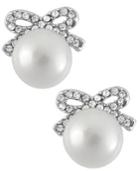 Betsey Johnson Silver-tone Crystal Bow Imitation Pearl Stud Earrings
