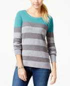 Pink Rose Juniors' Contrast Striped Mesh-yoke Sweater