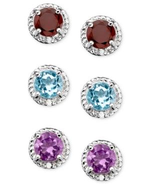 Victoria Townsend Sterling Silver Three Piece Earring Set, Blue Topaz, Garnet And Amethyst Studs