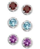 Victoria Townsend Sterling Silver Three Piece Earring Set, Blue Topaz, Garnet And Amethyst Studs