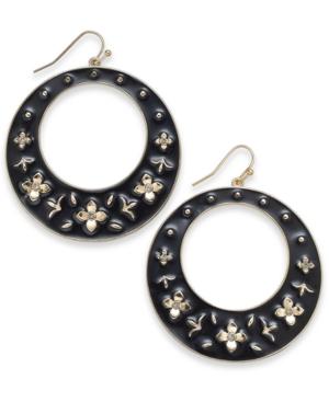 Thalia Sodi Gold-tone Black Enamel Crystal Flower Drop Hoop Earrings, Created For Macy's