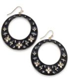Thalia Sodi Gold-tone Black Enamel Crystal Flower Drop Hoop Earrings, Created For Macy's