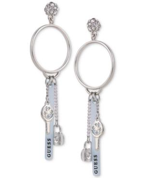 Guess Silver-tone Crystal Charm Drop Hoop Earrings