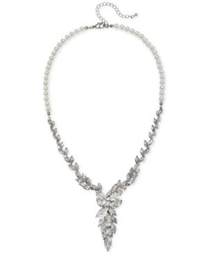 Jewel Badgley Mischka Silver-tone Crystal & Imitation Pearl Asymmetrical Statement Necklace, 19-1/2 + 3 Extender