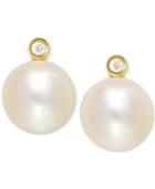 Cultured Freshwater Pearl (10mm) And Diamond Accent Stud Earrings In 14k Gold