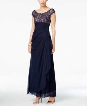 Xscape Petite Lace Illusion Faux-wrap Gown