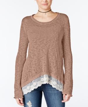 Hippie Rose Juniors' Lace-trim Asymmetrical-hem Sweater