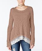 Hippie Rose Juniors' Lace-trim Asymmetrical-hem Sweater