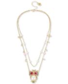 Betsey Johnson Gold-tone Multi-stone & Imitation Pearl Owl Pendant Double-row Necklace