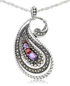 Amethyst (5/8 Ct. T.w.), Garnet (3/8 Ct. T.w) & Marcasite Paisley Pendant On 18 Chain In Sterling Silver