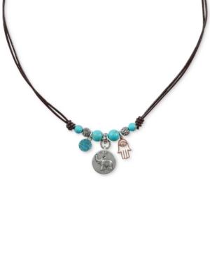 Lucky Brand Two-tone Multi-stone Elephant & Hamsa Hand Beaded Leather Charm Necklace, 16-1/2 + 2 Extender