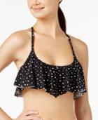 California Waves Space Dot Printed Flounce Macrame-back Bikini Top, Available In D/dd Women's Swimsuit