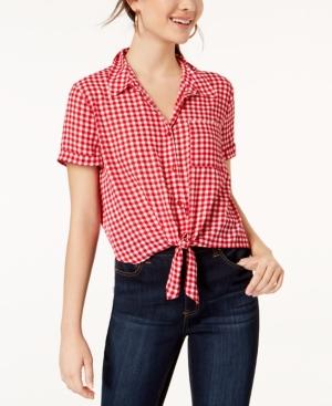 Hippie Rose Juniors' Gingham Tie-front Camp Shirt