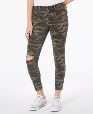 Vanilla Star Juniors' Ripped Printed Denim Skinny Jeans