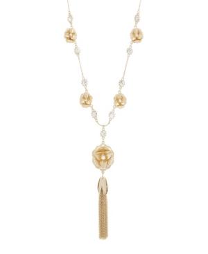 Catherine Malandrino Women's White Rhinestone Flower Design Yellow Gold-tone Tassel Necklace