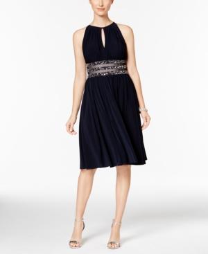 R & M Richards Embellished Gathered Keyhole Dress