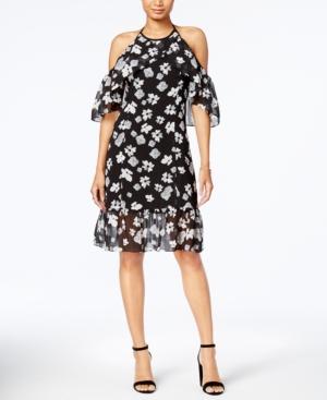 Kensie Floral-print Cold-shoulder Halter Dress