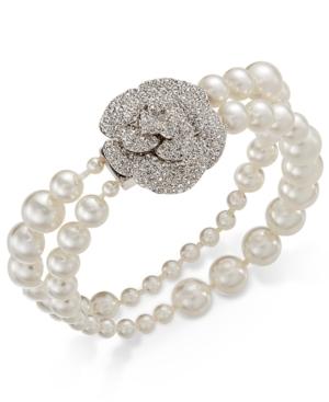 Danori Silver-tone Pave Rose And Imitation Pearl Double Stretch Bracelet