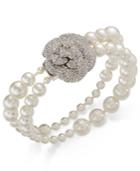 Danori Silver-tone Pave Rose And Imitation Pearl Double Stretch Bracelet
