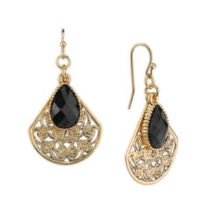 2028 Gold-tone Filigree Teardrop With Black Pearshape Overlay Earrings