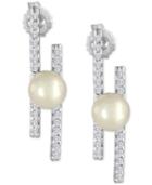 Majorica Sterling Silver White Imitation Pearl (8 Mm) And Pave Bar Drop Earrings