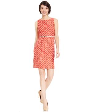 Tahari Asl Sleeveless Printed Belted Sheath
